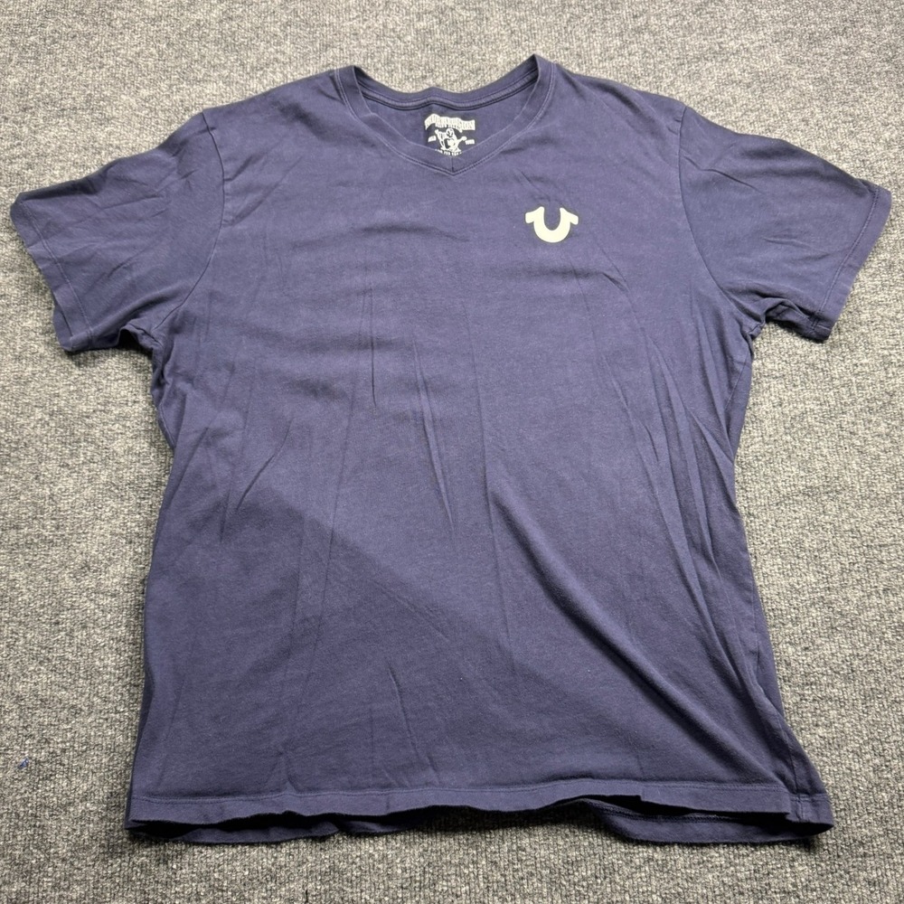 True Religion T Shirt Mens XL Blue‎ V Neck Horseshoe Logo Short Sleeve